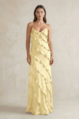 Spaghetti Straps Sheath Stain Ruffled Bridesmaid Dress in Pastel Yellow - KissProm Bridesmaid Dresses