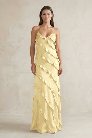 Spaghetti Straps Sheath Stain Ruffled Bridesmaid Dress in Pastel Yellow - KissProm Bridesmaid Dresses