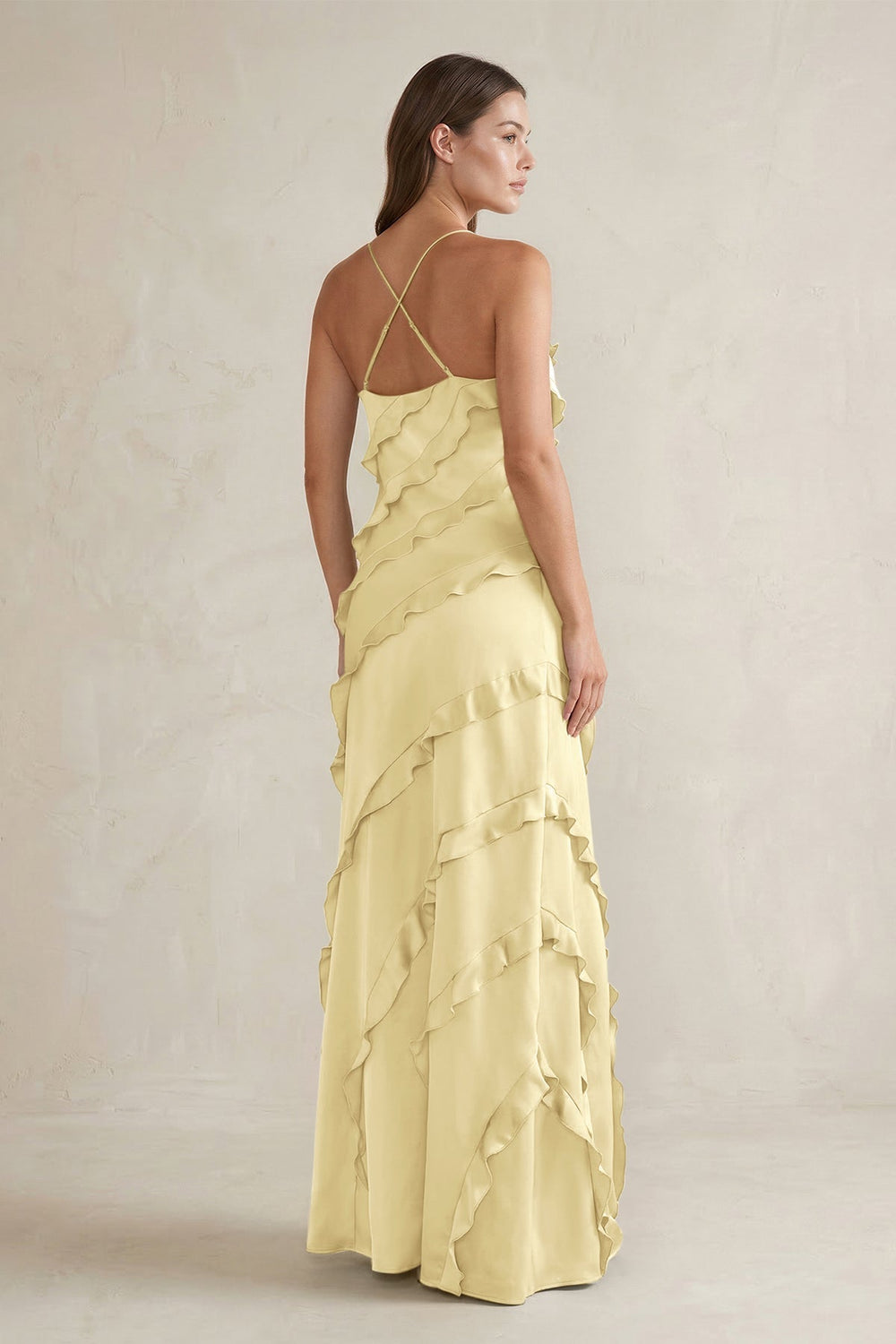 Spaghetti Straps Sheath Stain Ruffled Bridesmaid Dress in Pastel Yellow - KissProm Bridesmaid Dresses