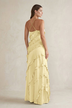 Spaghetti Straps Sheath Stain Ruffled Bridesmaid Dress in Pastel Yellow - KissProm Bridesmaid Dresses
