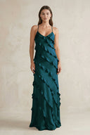 Spaghetti Straps Sheath Stain Ruffled Bridesmaid Dress in Pine - KissProm Bridesmaid Dresses