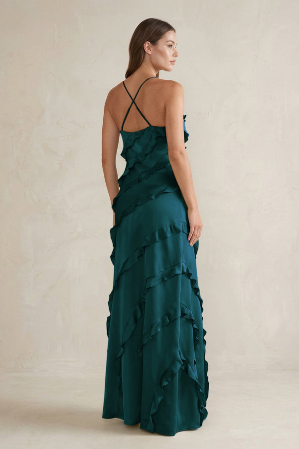 Spaghetti Straps Sheath Stain Ruffled Bridesmaid Dress in Pine - KissProm Bridesmaid Dresses