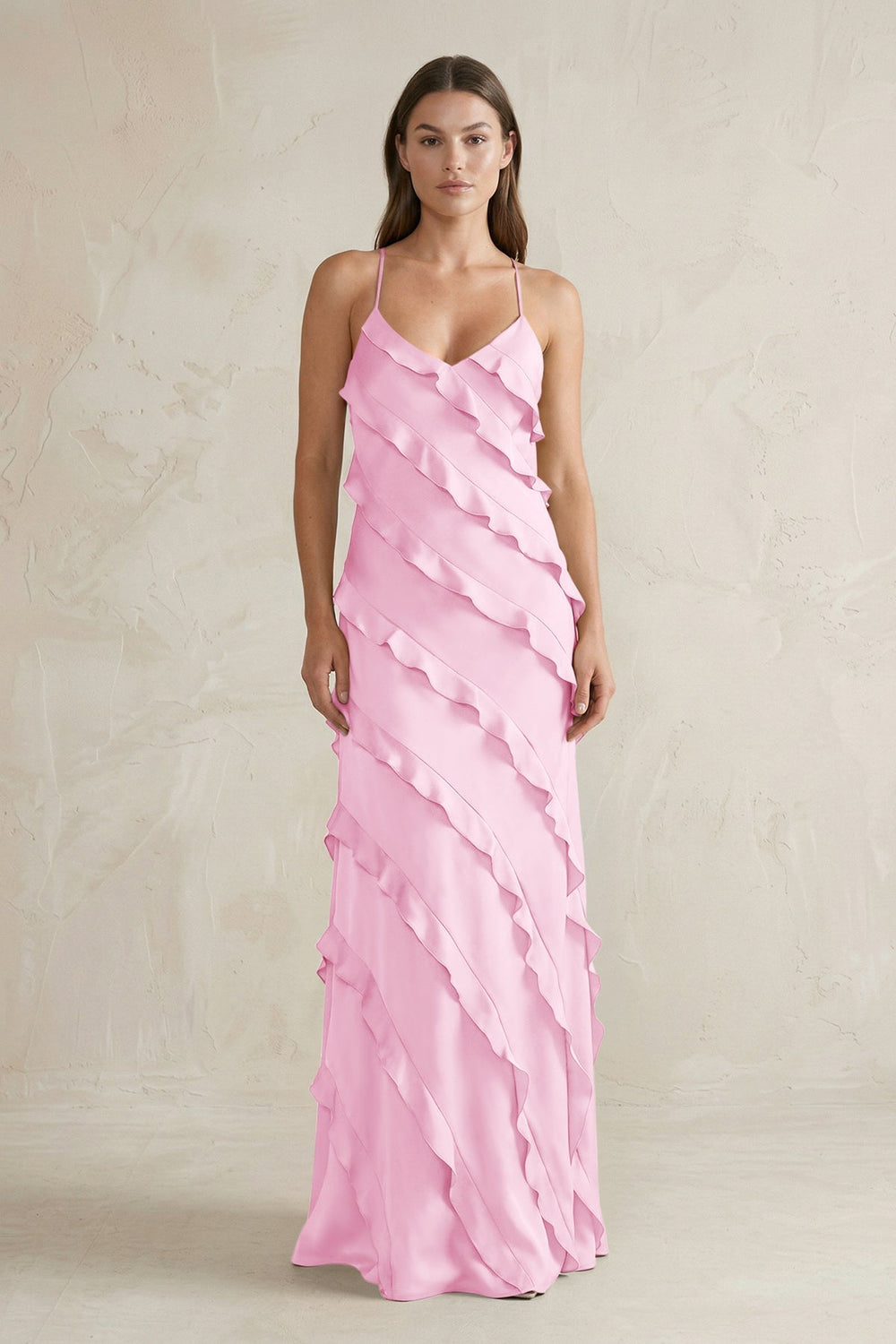 Spaghetti Straps Sheath Stain Ruffled Bridesmaid Dress in Pink - KissProm Bridesmaid Dresses