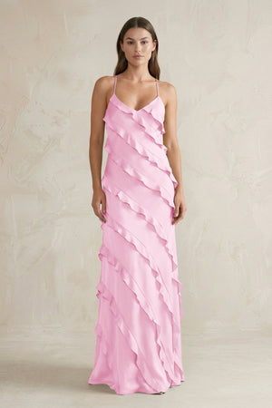 Spaghetti Straps Sheath Stain Ruffled Bridesmaid Dress in Pink - KissProm Bridesmaid Dresses