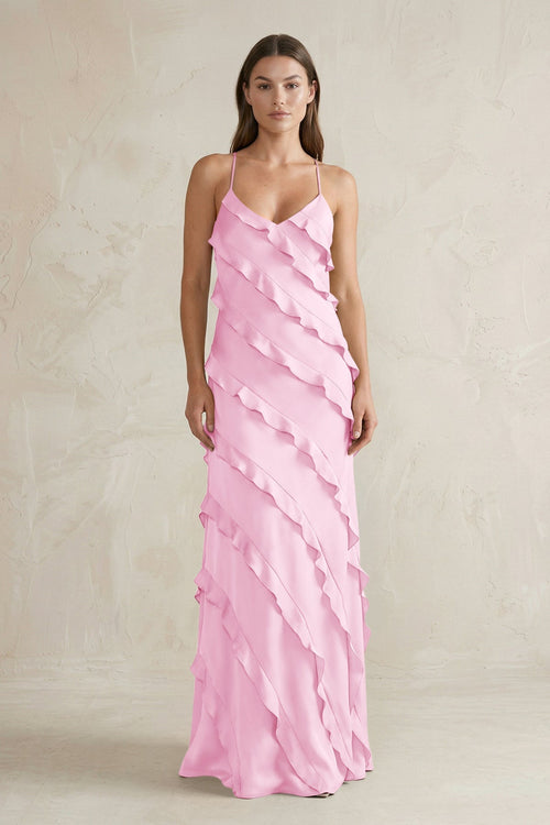 Spaghetti Straps Sheath Stain Ruffled Bridesmaid Dress in Pink - KissProm Bridesmaid Dresses