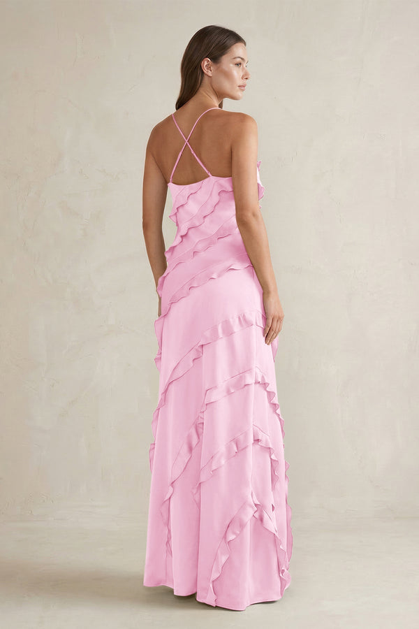 Spaghetti Straps Sheath Stain Ruffled Bridesmaid Dress in Pink - KissProm Bridesmaid Dresses