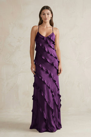 Spaghetti Straps Sheath Stain Ruffled Bridesmaid Dress in Plum - KissProm Bridesmaid Dresses