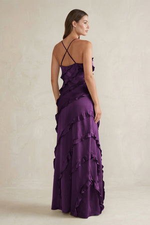 Spaghetti Straps Sheath Stain Ruffled Bridesmaid Dress in Plum - KissProm Bridesmaid Dresses
