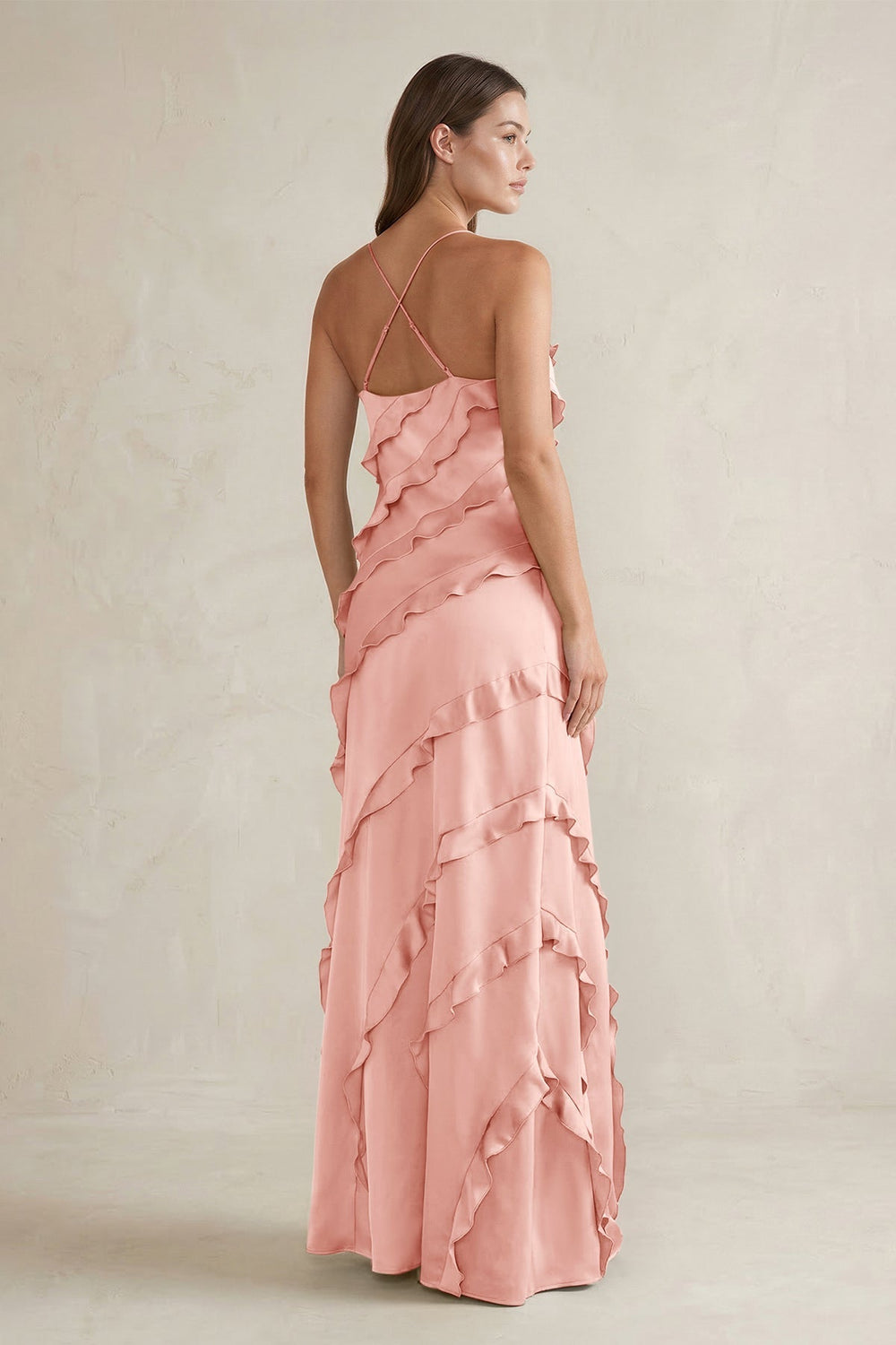 Spaghetti Straps Sheath Stain Ruffled Bridesmaid Dress in Rose Petal - KissProm Bridesmaid Dresses