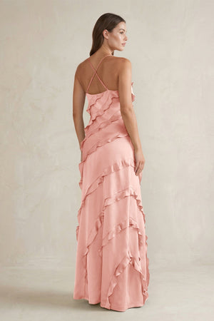 Spaghetti Straps Sheath Stain Ruffled Bridesmaid Dress in Rose Petal - KissProm Bridesmaid Dresses
