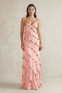 Spaghetti Straps Sheath Stain Ruffled Bridesmaid Dress in Rose Petal - KissProm Bridesmaid Dresses
