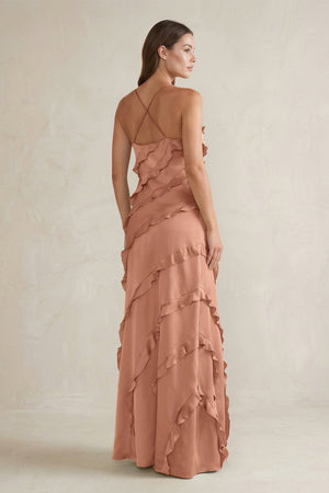 Spaghetti Straps Sheath Stain Ruffled Bridesmaid Dress in Rosette - KissProm Bridesmaid Dresses
