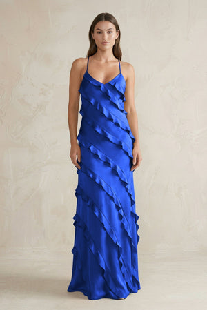 Spaghetti Straps Sheath Stain Ruffled Bridesmaid Dress in Royal Blue - KissProm Bridesmaid Dresses