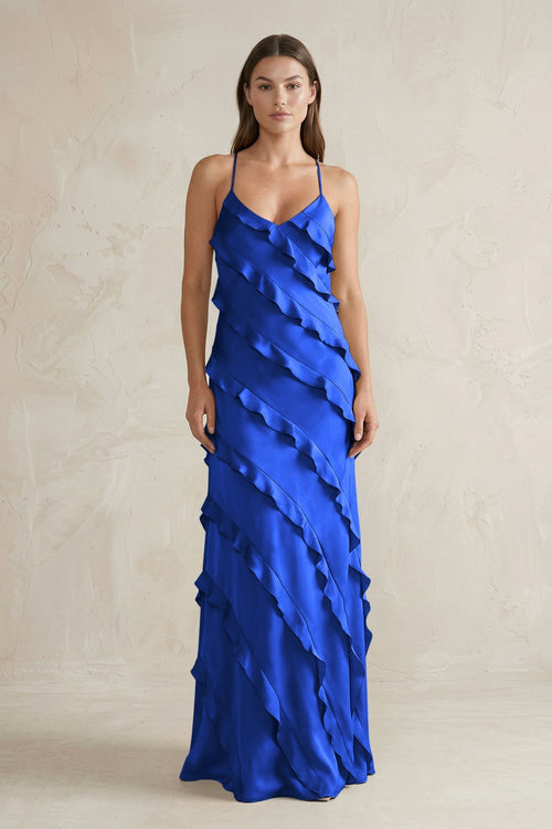 Spaghetti Straps Sheath Stain Ruffled Bridesmaid Dress in Royal Blue - KissProm Bridesmaid Dresses