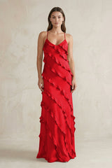 Spaghetti Straps Sheath Stain Ruffled Bridesmaid Dress in Ruby Red - KissProm Bridesmaid Dresses