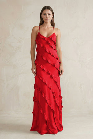 Spaghetti Straps Sheath Stain Ruffled Bridesmaid Dress in Ruby Red - KissProm Bridesmaid Dresses