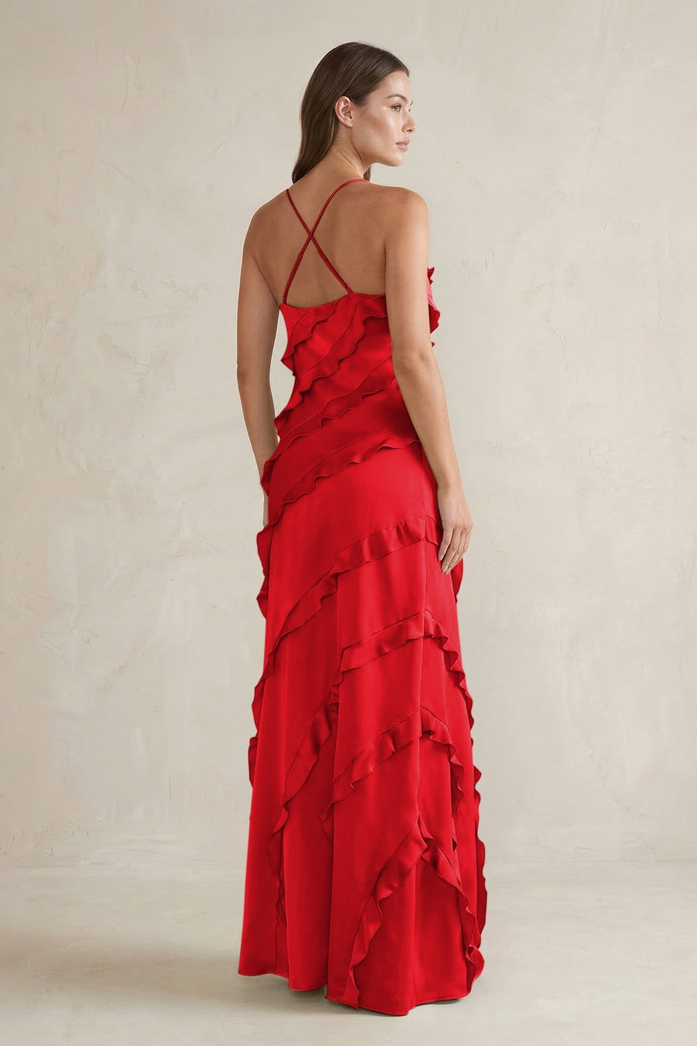 Spaghetti Straps Sheath Stain Ruffled Bridesmaid Dress in Ruby Red - KissProm Bridesmaid Dresses