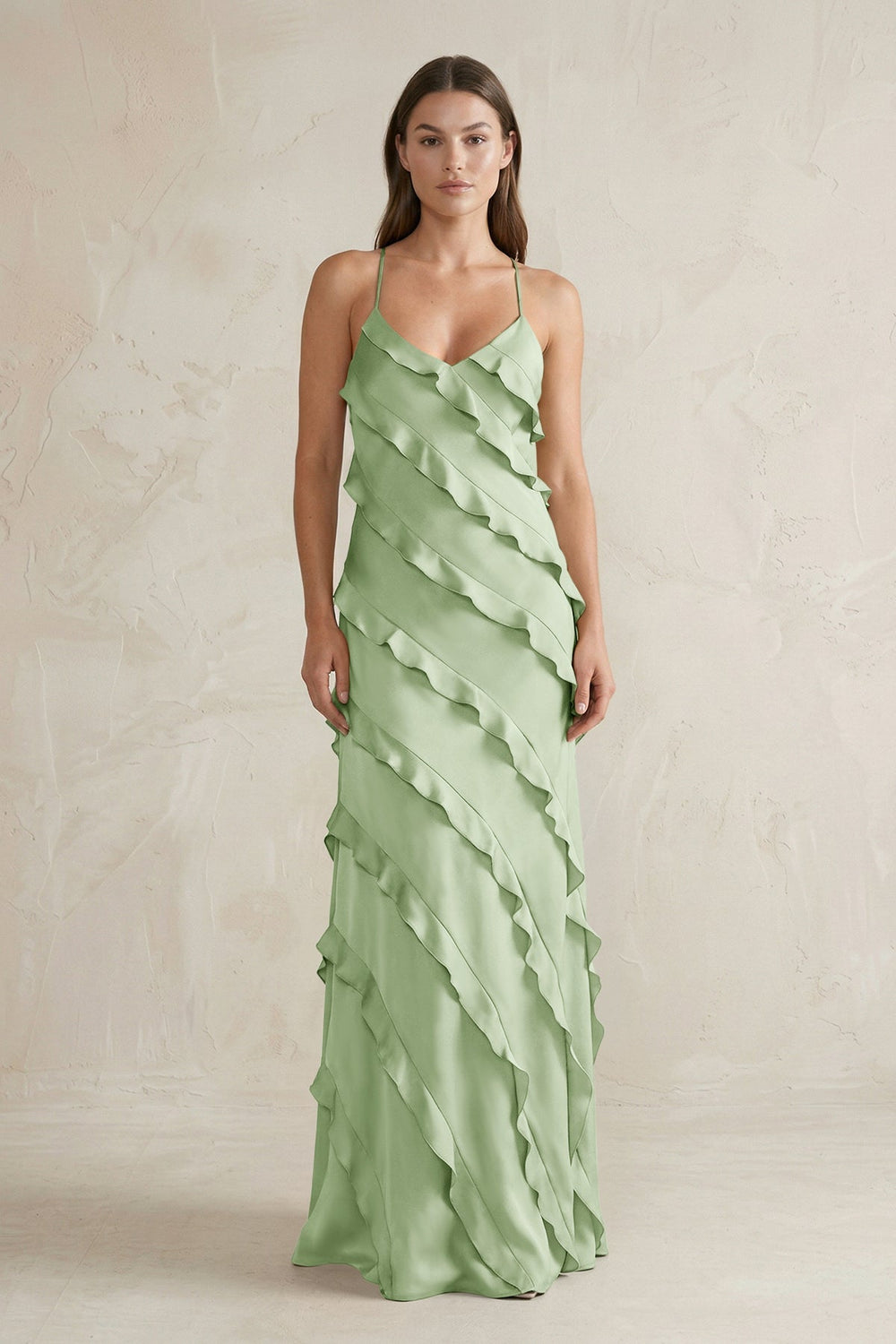 Spaghetti Straps Sheath Stain Ruffled Bridesmaid Dress in Sage - KissProm Bridesmaid Dresses
