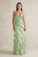 Spaghetti Straps Sheath Stain Ruffled Bridesmaid Dress in Sage - KissProm Bridesmaid Dresses