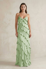 Spaghetti Straps Sheath Stain Ruffled Bridesmaid Dress in Sage - KissProm Bridesmaid Dresses