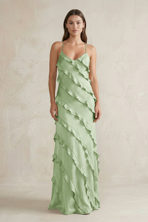Spaghetti Straps Sheath Stain Ruffled Bridesmaid Dress in Sage - KissProm Bridesmaid Dresses