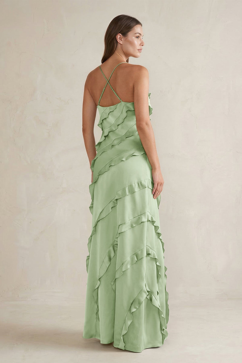 Spaghetti Straps Sheath Stain Ruffled Bridesmaid Dress in Sage - KissProm Bridesmaid Dresses
