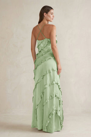 Spaghetti Straps Sheath Stain Ruffled Bridesmaid Dress in Sage - KissProm Bridesmaid Dresses