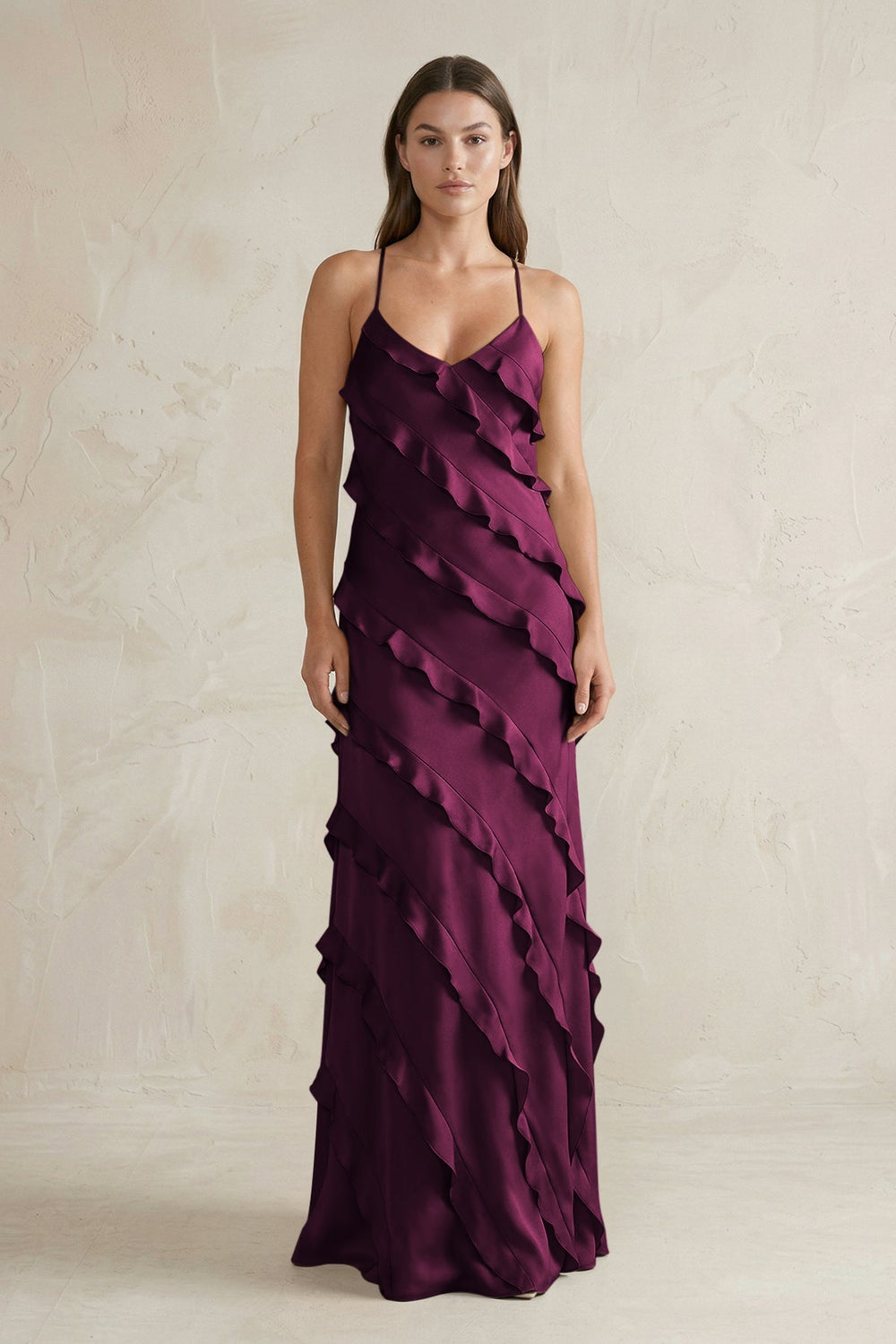 Spaghetti Straps Sheath Stain Ruffled Bridesmaid Dress in Sangria - KissProm Bridesmaid Dresses
