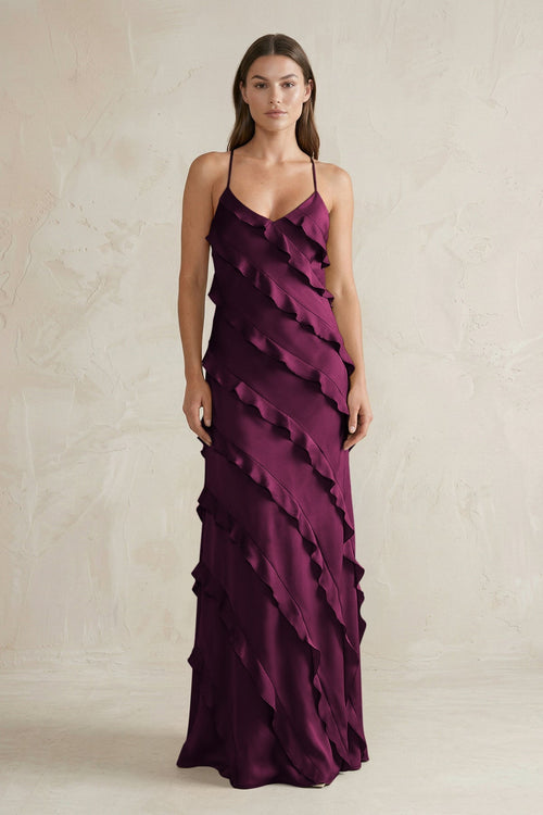 Spaghetti Straps Sheath Stain Ruffled Bridesmaid Dress in Sangria - KissProm Bridesmaid Dresses