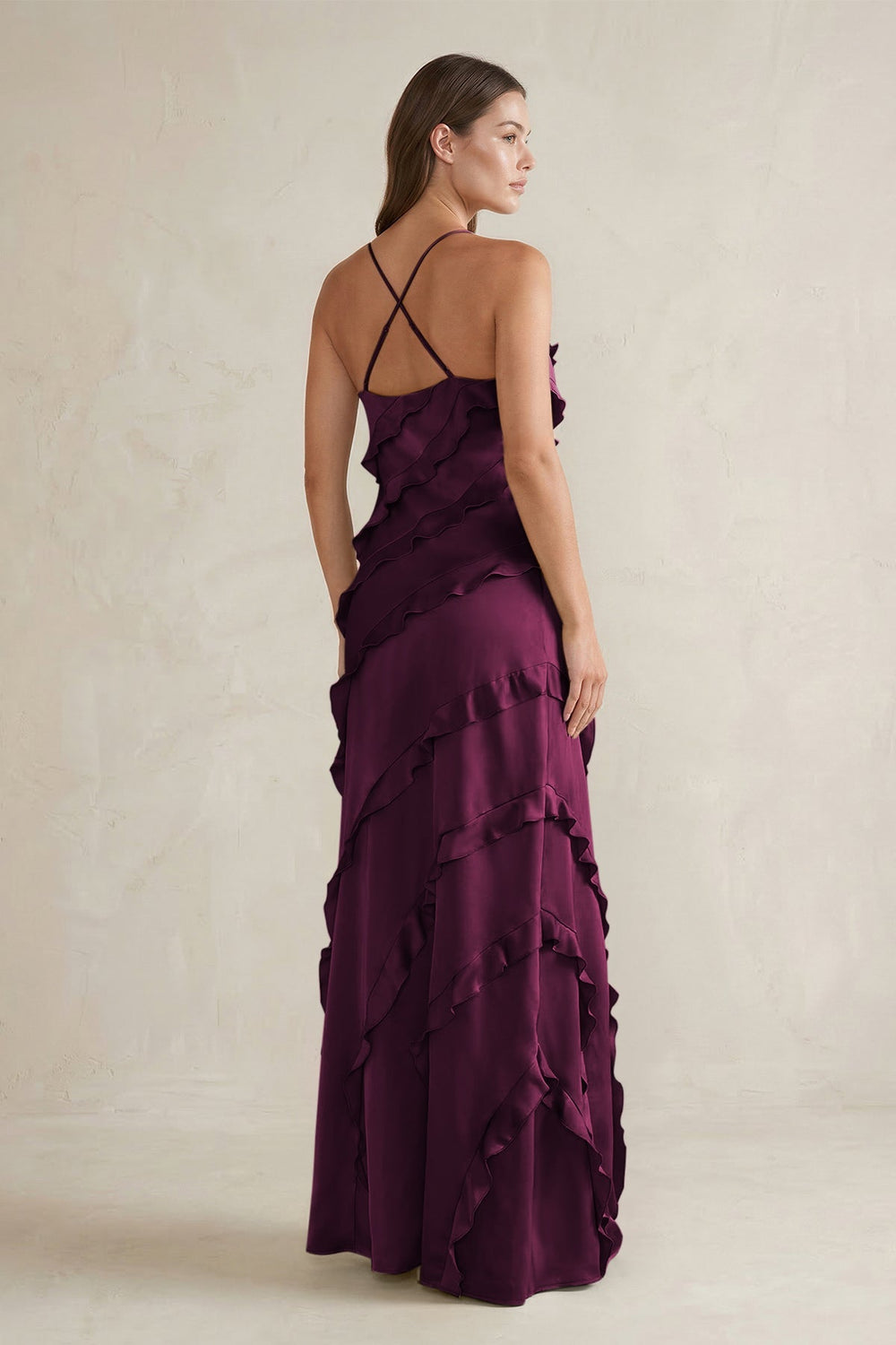 Spaghetti Straps Sheath Stain Ruffled Bridesmaid Dress in Sangria - KissProm Bridesmaid Dresses