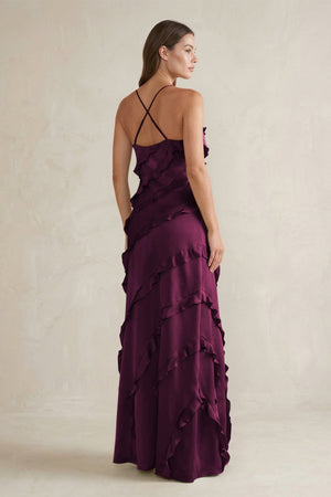 Spaghetti Straps Sheath Stain Ruffled Bridesmaid Dress in Sangria - KissProm Bridesmaid Dresses