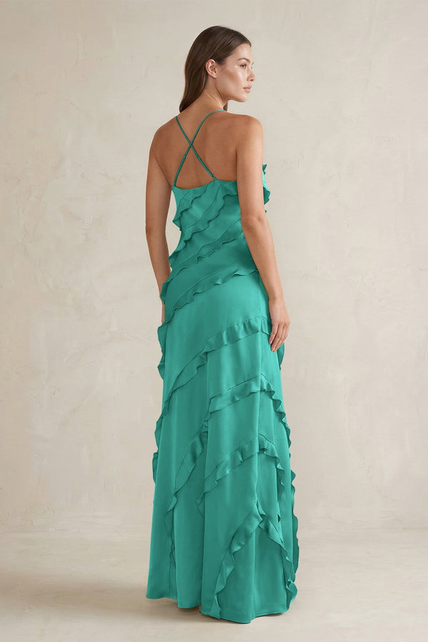 Spaghetti Straps Sheath Stain Ruffled Bridesmaid Dress in Sea Glass - KissProm Bridesmaid Dresses