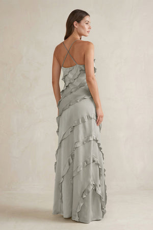 Spaghetti Straps Sheath Stain Ruffled Bridesmaid Dress in Silver - KissProm Bridesmaid Dresses