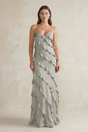 Spaghetti Straps Sheath Stain Ruffled Bridesmaid Dress in Silver - KissProm Bridesmaid Dresses