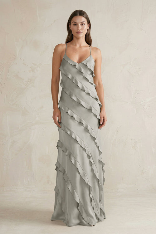 Spaghetti Straps Sheath Stain Ruffled Bridesmaid Dress in Silver - KissProm Bridesmaid Dresses