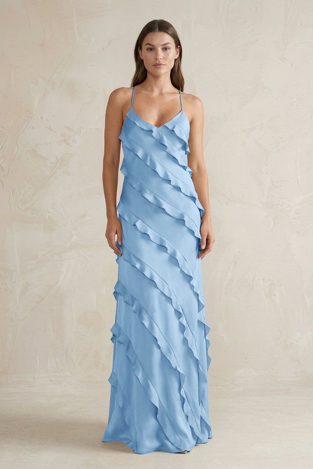 Spaghetti Straps Sheath Stain Ruffled Bridesmaid Dress in Sky Blue - KissProm Bridesmaid Dresses