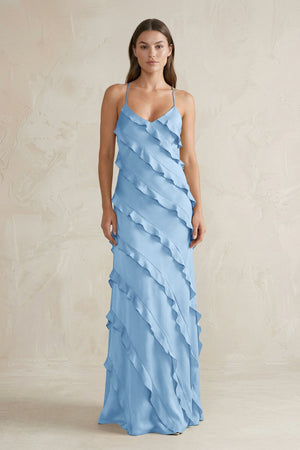 Spaghetti Straps Sheath Stain Ruffled Bridesmaid Dress in Sky Blue - KissProm Bridesmaid Dresses
