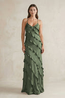 Spaghetti Straps Sheath Stain Ruffled Bridesmaid Dress in Thyme - KissProm Bridesmaid Dresses
