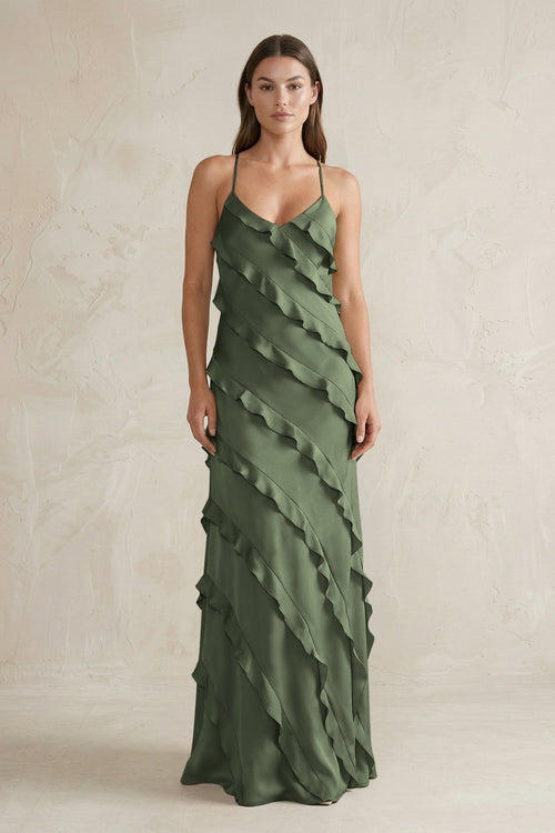 Spaghetti Straps Sheath Stain Ruffled Bridesmaid Dress in Thyme - KissProm Bridesmaid Dresses