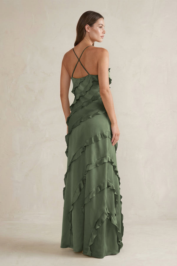 Spaghetti Straps Sheath Stain Ruffled Bridesmaid Dress in Thyme - KissProm Bridesmaid Dresses