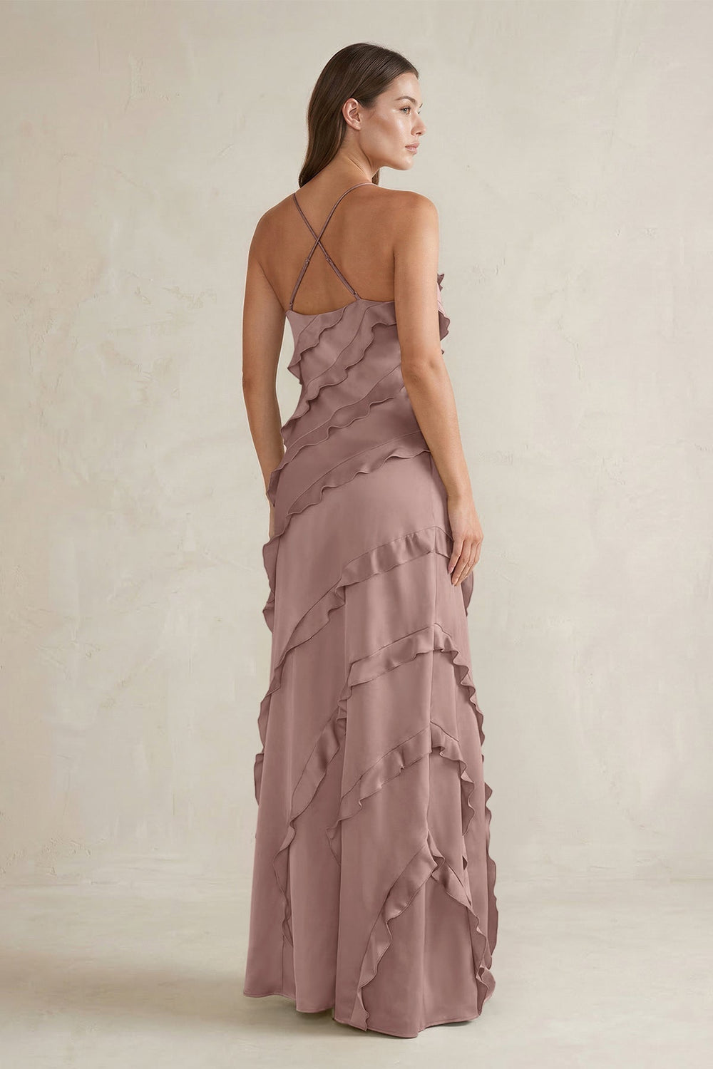 Spaghetti Straps Sheath Stain Ruffled Bridesmaid Dress in Toffee - KissProm Bridesmaid Dresses