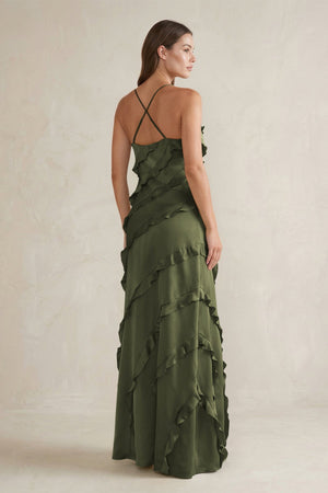 Spaghetti Straps Sheath Stain Ruffled Bridesmaid Dress in Willow Green - KissProm Bridesmaid Dresses