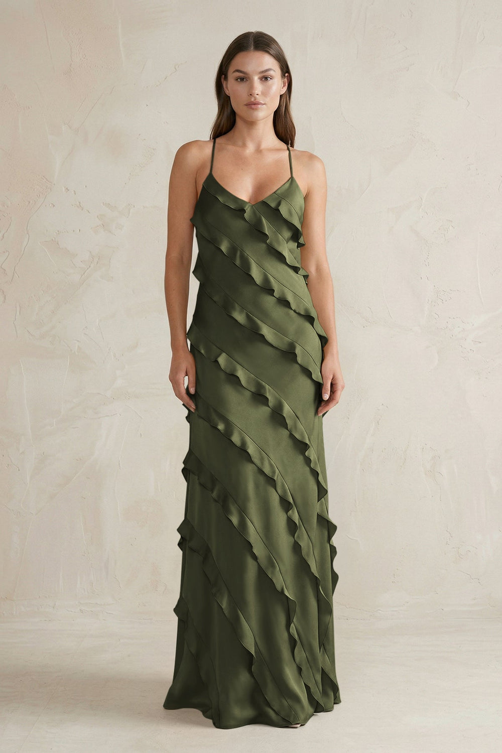 Spaghetti Straps Sheath Stain Ruffled Bridesmaid Dress in Willow Green - KissProm Bridesmaid Dresses