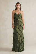 Spaghetti Straps Sheath Stain Ruffled Bridesmaid Dress in Willow Green - KissProm Bridesmaid Dresses