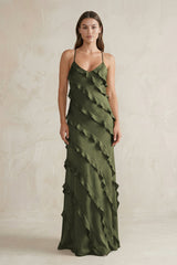 Spaghetti Straps Sheath Stain Ruffled Bridesmaid Dress in Willow Green - KissProm Bridesmaid Dresses