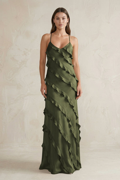 Spaghetti Straps Sheath Stain Ruffled Bridesmaid Dress in Willow Green - KissProm Bridesmaid Dresses