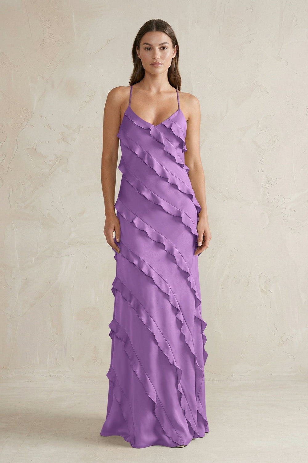Spaghetti Straps Sheath Stain Ruffled Bridesmaid Dress in Wisteria - KissProm Bridesmaid Dresses