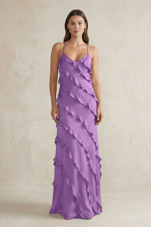 Spaghetti Straps Sheath Stain Ruffled Bridesmaid Dress in Wisteria - KissProm Bridesmaid Dresses