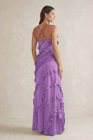 Spaghetti Straps Sheath Stain Ruffled Bridesmaid Dress in Wisteria - KissProm Bridesmaid Dresses