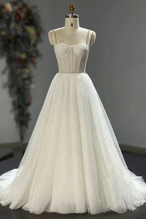 Spaghetti Straps Sparkly Bohemian Wedding Dress